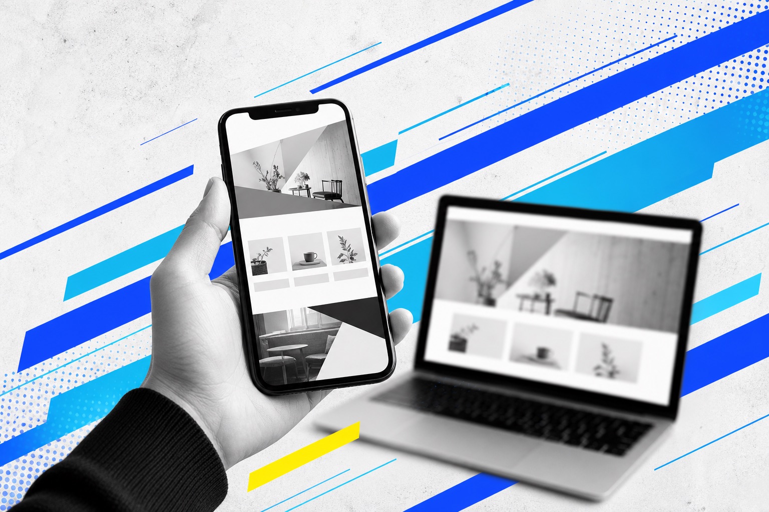公開した自社サイトをスマートフォンで誇らしげに表示する手元